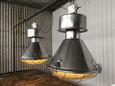 Old Factory lamp  style Pendant light in Polished aluminum, ribbed clear glass, European 20th century