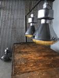 Old Factory lamp  style Pendant light in Polished aluminum, ribbed clear glass, European 20th century